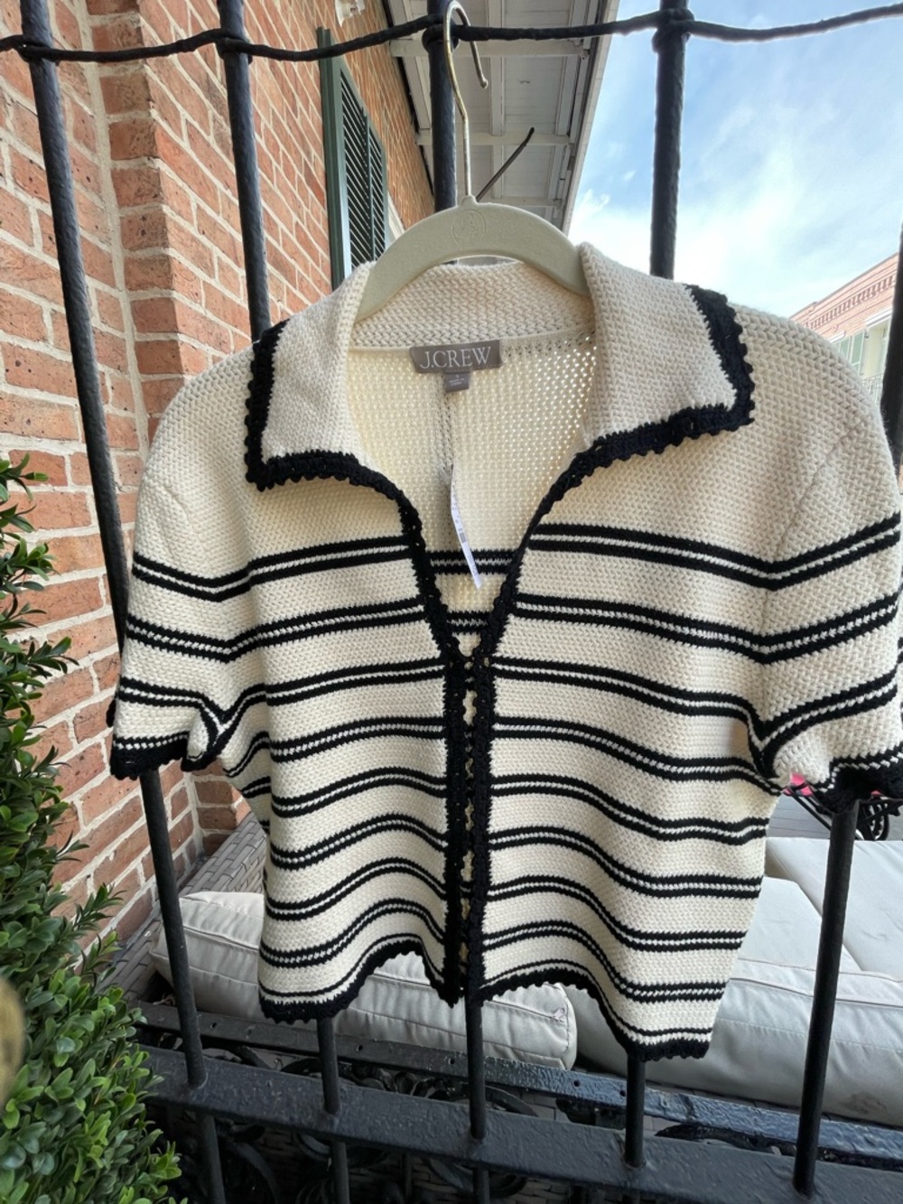 J. Crew Cream and Black Striped Short-Sleeve Knit Cardigan